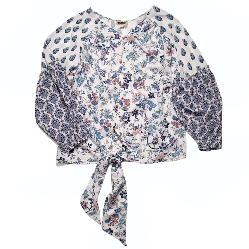 One World White Floral Tie Front Peasant Shirt NEW - Picture 2 of 9